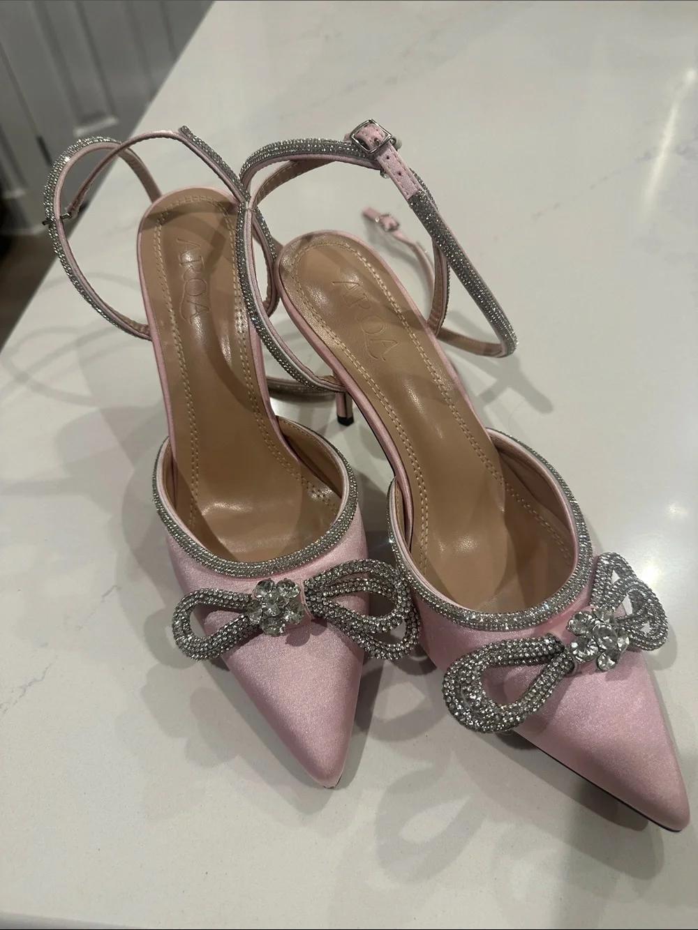 SHEIN Arqa Women's Rhinestone Bow Heels Ankle Strap Slingback Pumps Satin Pink
